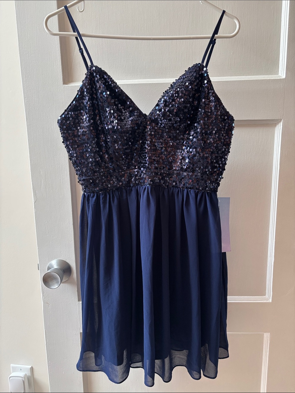 PromGirl Navy Sequin Spaghetti Strap Chemise Dress